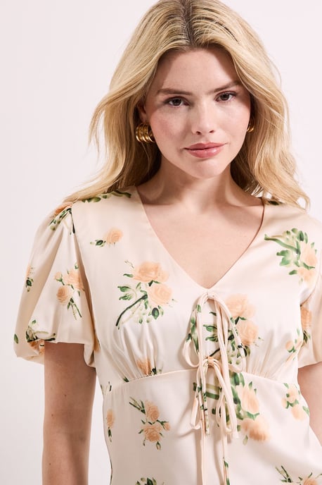 Floral Tie Front Button Up Puff Sleeve Top - Image 3