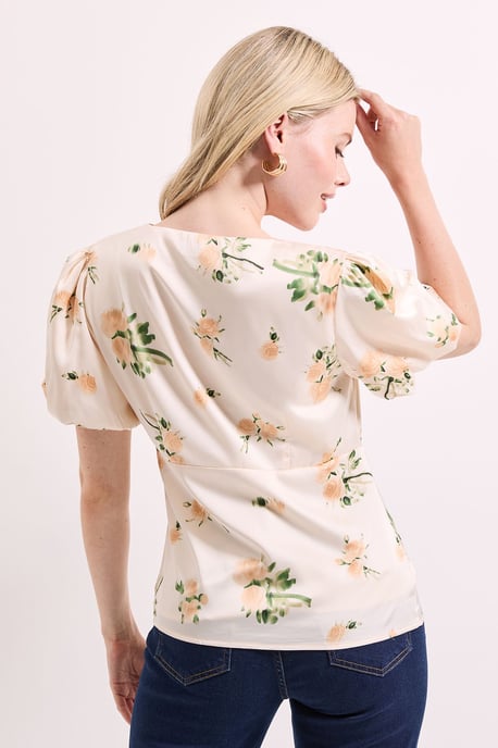 Floral Tie Front Button Up Puff Sleeve Top - Image 4