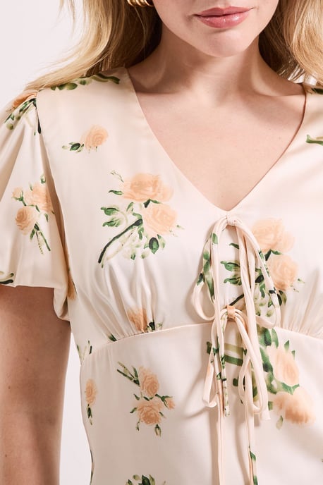 Floral Tie Front Button Up Puff Sleeve Top - Image 5