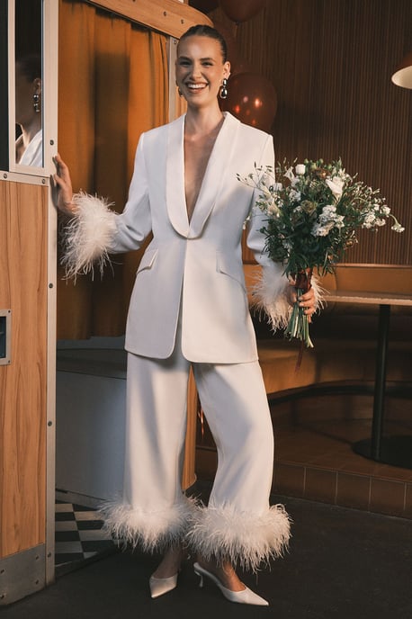 Feather Trim Single Breasted Tux Style Wedding Blazer - Image 1