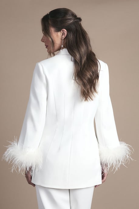 Feather Trim Single Breasted Tux Style Wedding Blazer - Image 3