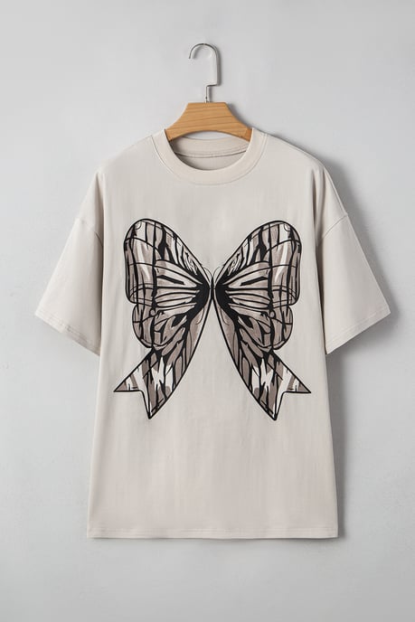 Casual Oversized T-shirt met Grote Strik Bedrukking en Vallen Schouders - Image 3