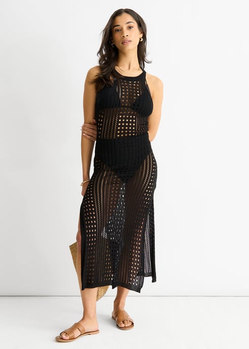 Black Crochet Knit Bodycon Slit Dress - Image 1