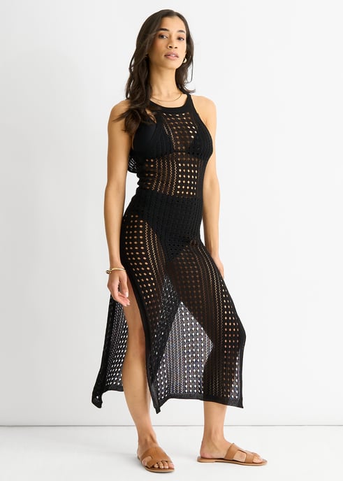 Black Crochet Knit Bodycon Slit Dress - Image 3