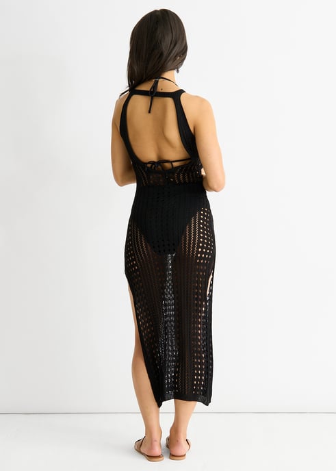 Black Crochet Knit Bodycon Slit Dress - Image 4