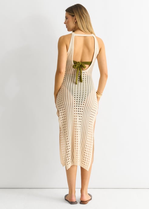 Beige Krokitstickad Bodycon Slitklänning - Image 4