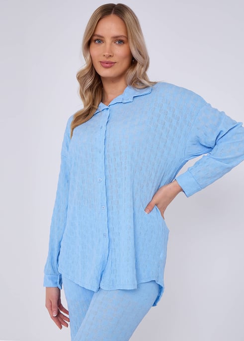 Sky Blue Textured Oversized Long Sleeves Shirt - Image 2
