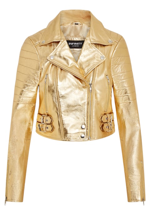 Dames Gouden Cropped Brando Leren Bikerjack - Durban - Image 2