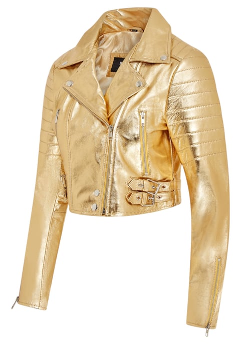 Dames Gouden Cropped Brando Leren Bikerjack - Durban - Image 4