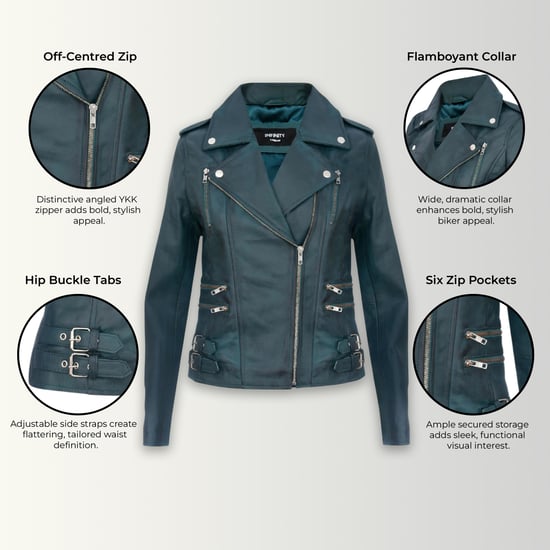 Womens Leather Teal Blue Brando Biker Jacket-Constantia - Image 3