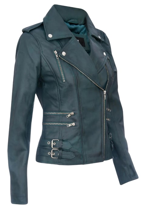 Womens Leather Teal Blue Brando Biker Jacket-Constantia - Image 4