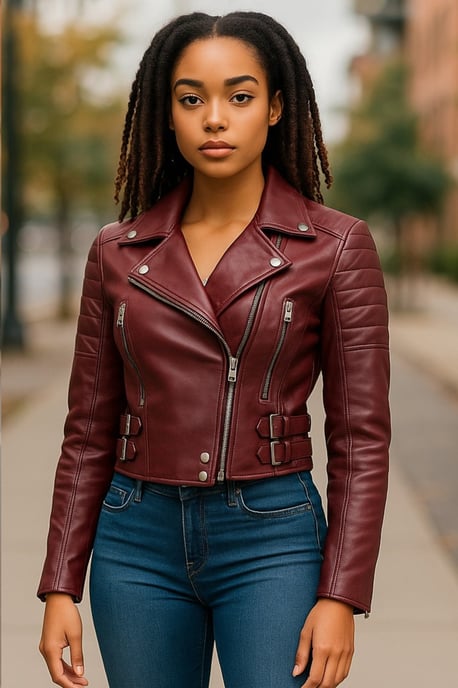 Dames Burgundy Cropped Brando leren bikerjack - Durban - Image 1
