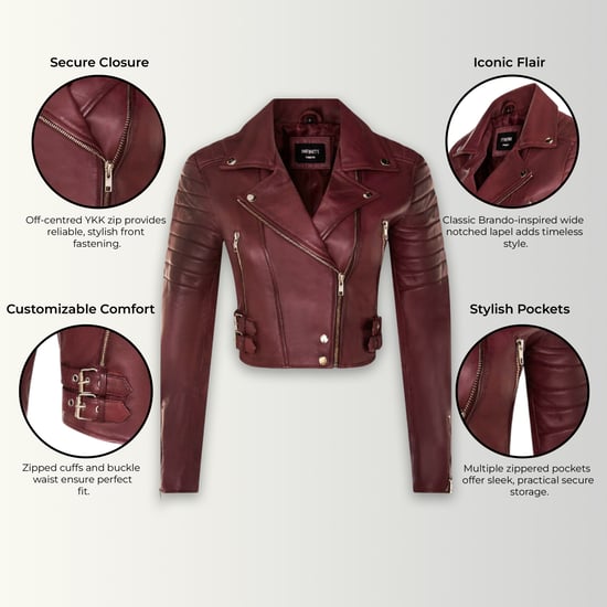 Dames Burgundy Cropped Brando leren bikerjack - Durban - Image 3
