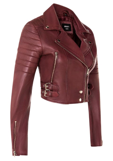 Dames Burgundy Cropped Brando leren bikerjack - Durban - Image 4