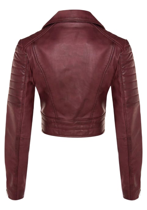 Dames Burgundy Cropped Brando leren bikerjack - Durban - Image 5