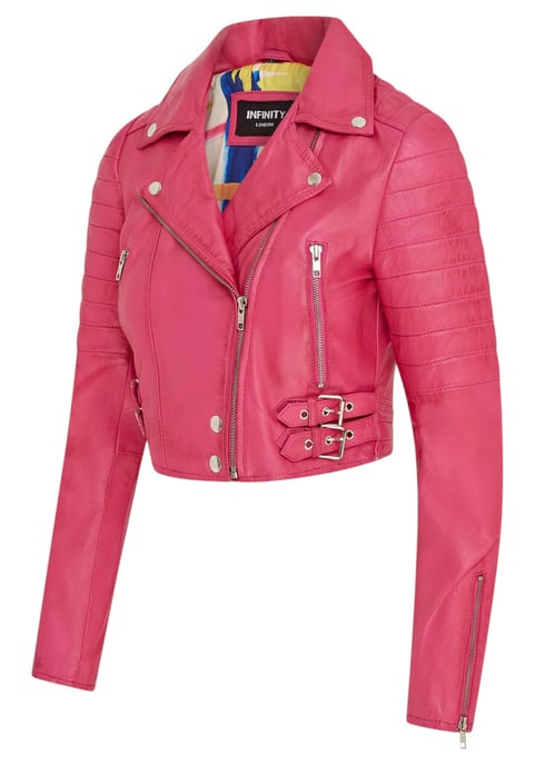 Dames fuchsia roze cropped Brando leren bikerjack - Bellville - Image 4