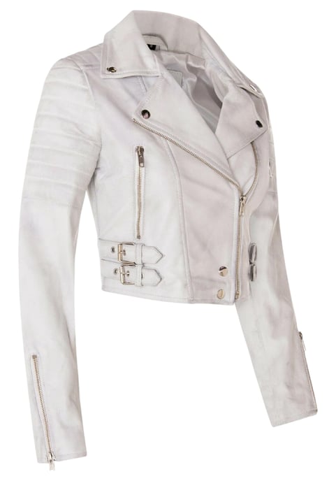 Womens White Cropped Brando Leather Biker Jacket-Bellville - Image 4