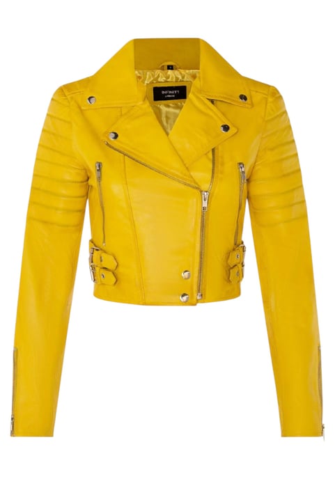 Dames geel cropped Brando leren bikerjack - Durban - Image 2