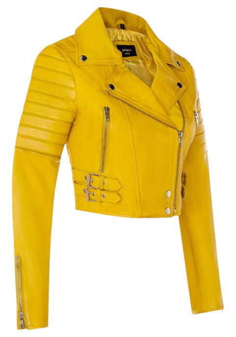 Dames geel cropped Brando leren bikerjack - Durban - Image 4