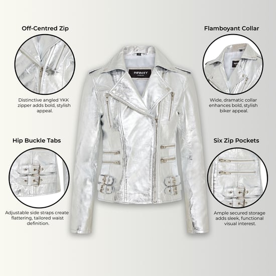 Womens Leather Silver Brando Biker Jacket-Loddon - Image 2