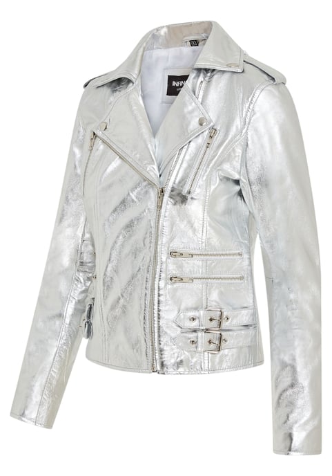 Womens Leather Silver Brando Biker Jacket-Loddon - Image 3