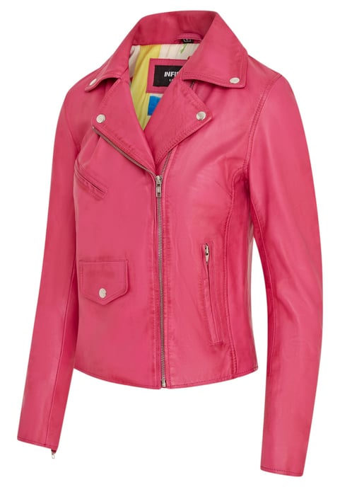Women's Fuschia Pink Classic Brando Biker Leather Jacket - Soweto - Image 4