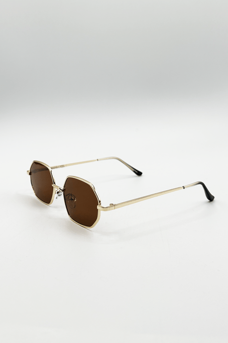 Oval Geometric Metal Frame Sunglasses in Gold Brown - Image 2