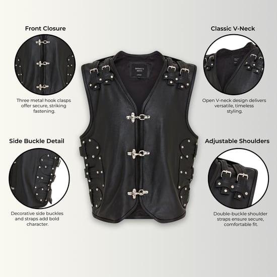 Heren zwart biker leren vest met metalen gespen - Coolgardie - Image 2