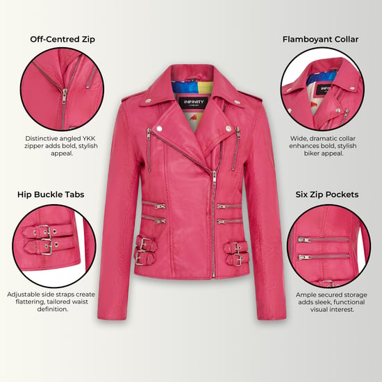 Womens Leather Fuschia Pink Brando Biker Jacket-Constantia - Image 3