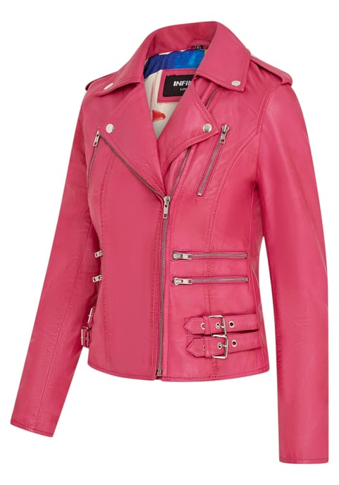 Womens Leather Fuschia Pink Brando Biker Jacket-Constantia - Image 4