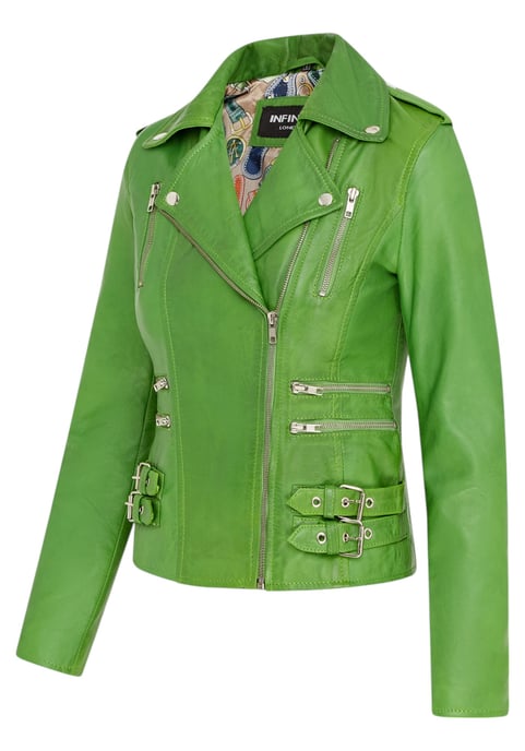 Womens Leather Apple Green Brando Biker Jacket-Constantia - Image 4