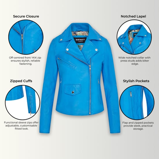 Women's Blue Classic Brando Biker Leather Jacket - Soweto - Image 3