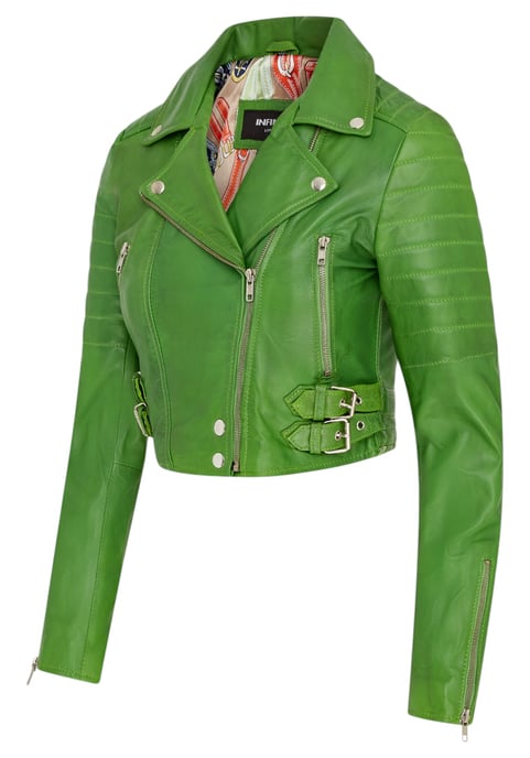 Dames appelgroene cropped Brando leren bikerjack - Durban - Image 4