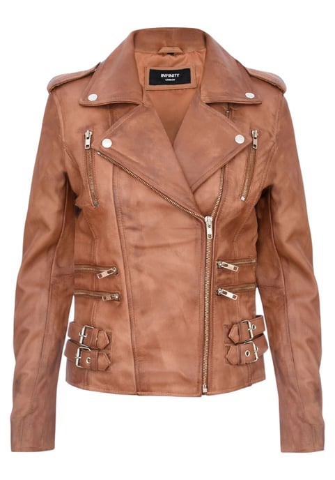 Womens Leather Tan Brown Brando Biker Jacket-Constantia - Image 2