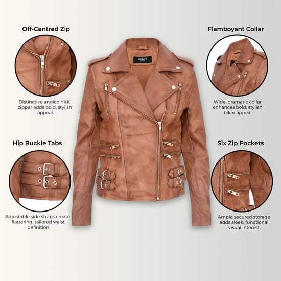 Womens Leather Tan Brown Brando Biker Jacket-Constantia - Image 3