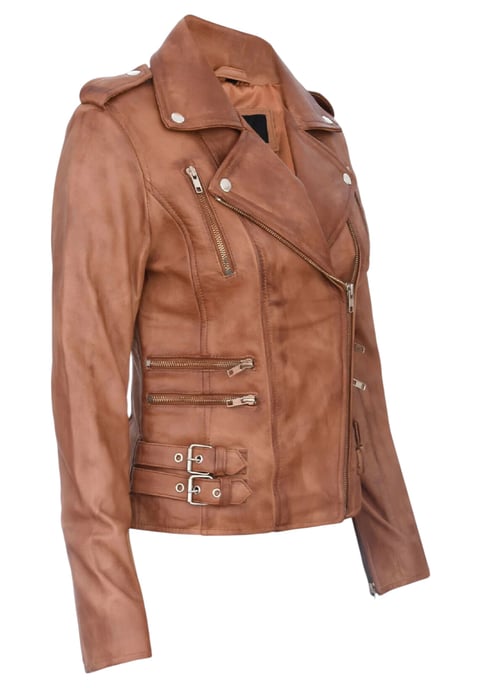 Womens Leather Tan Brown Brando Biker Jacket-Constantia - Image 4