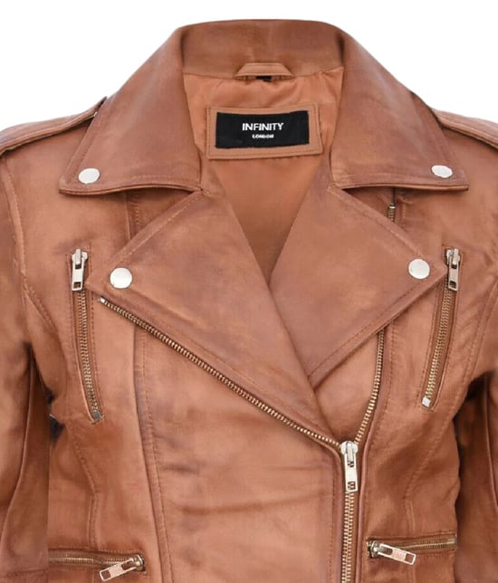 Womens Leather Tan Brown Brando Biker Jacket-Constantia - Image 6