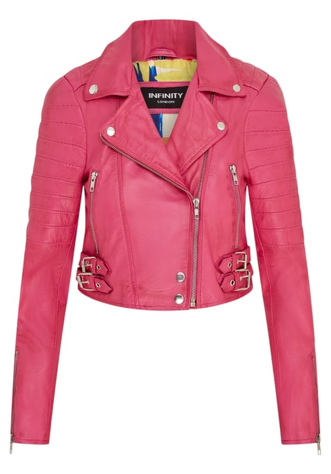 Womens Fuschia Pink Cropped Brando Leather Biker Jacket-Damascus - Image 1