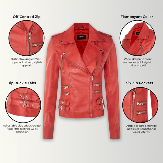 Womens Leather Red Brando Biker Jacket-Constantia - Image 3