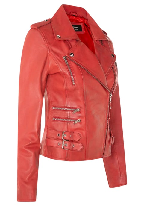 Womens Leather Red Brando Biker Jacket-Constantia - Image 4