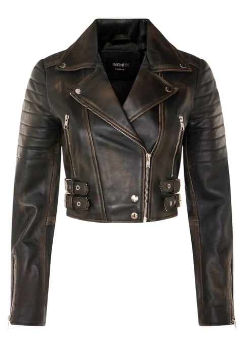 Vintage zwarte cropped Brando leren bikerjack voor dames - Durban - Image 2