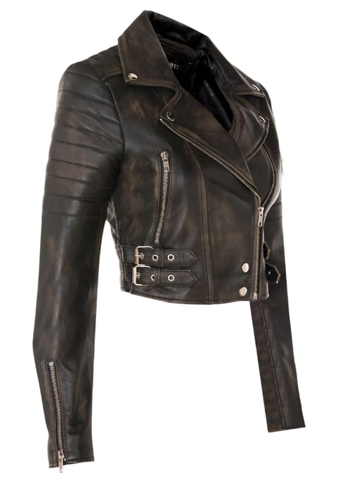 Vintage zwarte cropped Brando leren bikerjack voor dames - Durban - Image 4