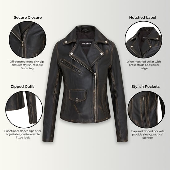 Vintage zwarte klassieke Brando biker leren damesjack - Soweto - Image 3