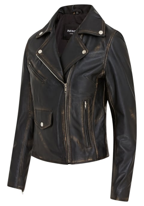 Vintage zwarte klassieke Brando biker leren damesjack - Soweto - Image 4