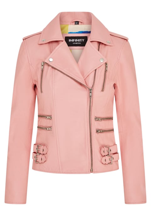 Womens Leather Baby Pink Brando Biker Jacket-Loddon - Image 1