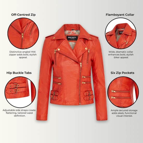 Dames leren oranje Brando bikerjack - Loddon - Image 2
