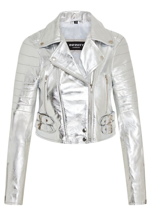 Dames zilveren cropped Brando leren bikerjack - Durban - Image 2