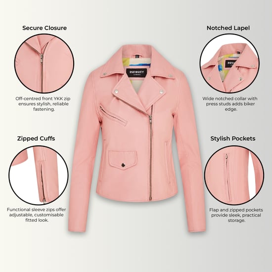 Women's Baby Pink Classic Brando Biker Leather Jacket - Soweto - Image 3