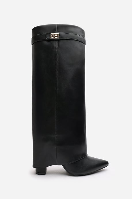 'Nova' Fold Over Shark Block Heel Point Toe Boots in Black Faux Leather - Image 2