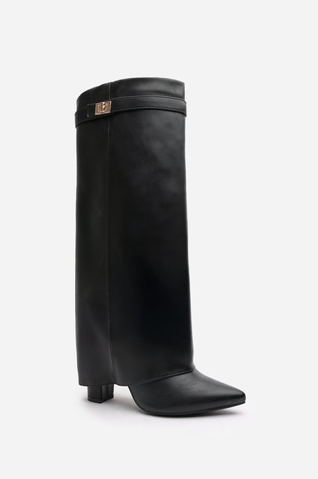 'Nova' Fold Over Shark Block Heel Point Toe Boots in Black Faux Leather - Image 3